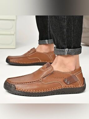Men's Tan Casual Slip-On Loafers - Soft Leather Look